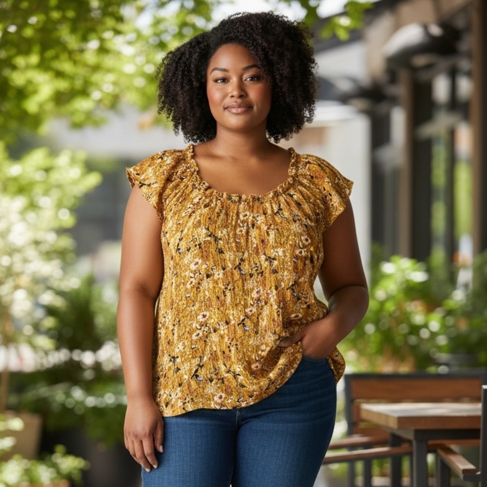 Suzanne Betro Weekend Mustard Floral Short-Sleeve Blouse Ruffle Size Large EUC